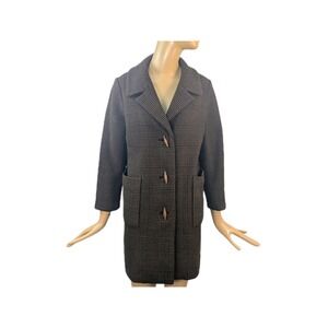 Vintage 60s Mod‎ Peacoat Brown Houndstooth Wool Toggle Button Front Car Coat